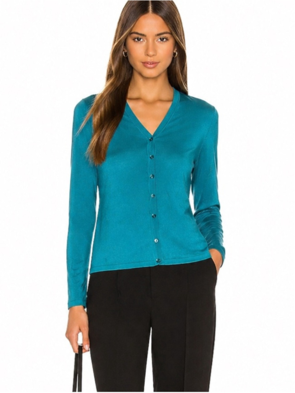 Muccardi Silk sweater Teal Cardigan Size 8 Button Front Lightweight Luxury Layer